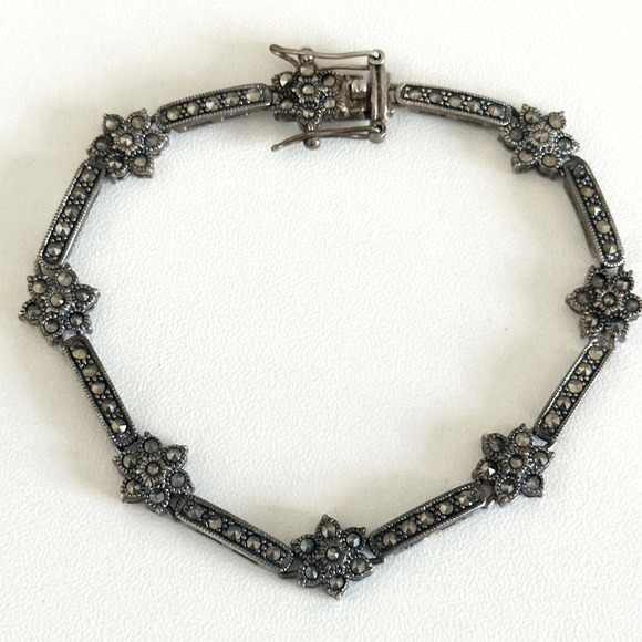 Vintage 925 Sterling Silver Marcasite Flower Floral Chain Link Bracelet 7.25"